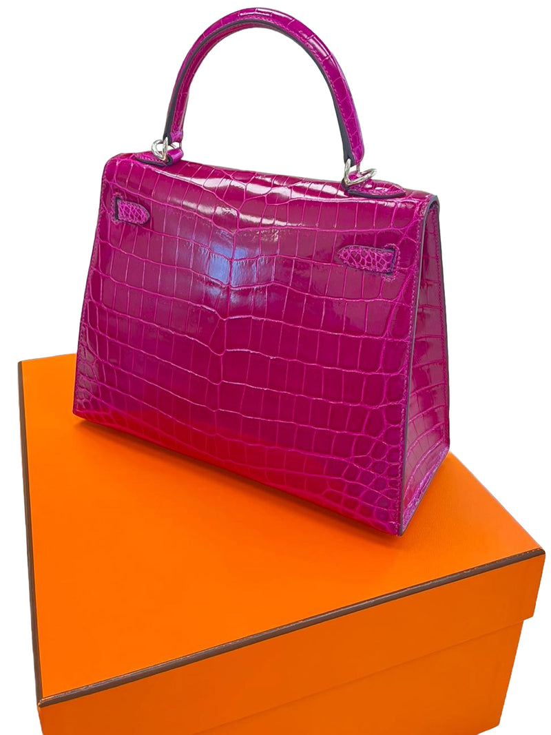 Hermes Kelly Sellier 25 Rose Pourpre Shiny Niloticus Crocodile Palladium