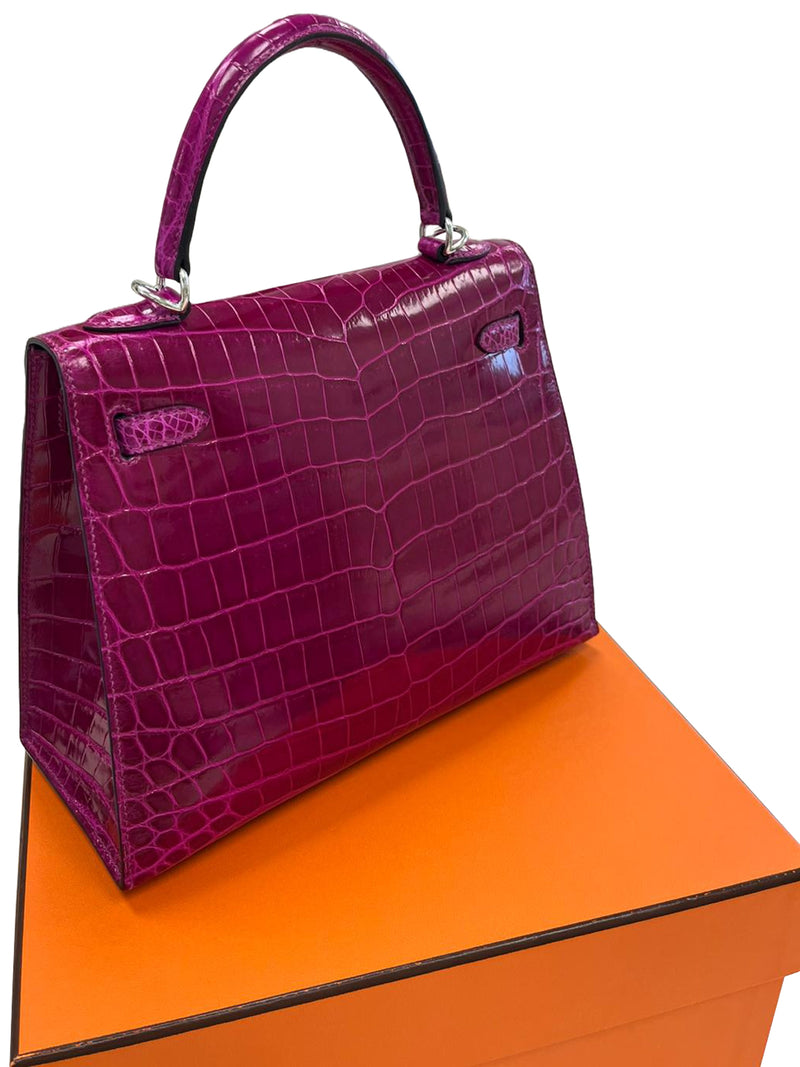 Hermes Kelly Sellier 25 Rose Pourpre Shiny Niloticus Crocodile Palladium