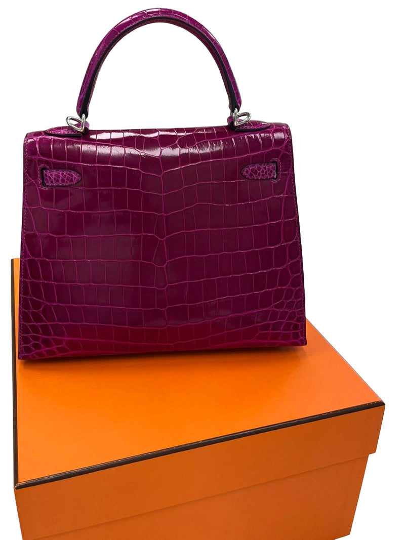 Hermes Kelly Sellier 25 Rose Pourpre Shiny Niloticus Crocodile Palladium