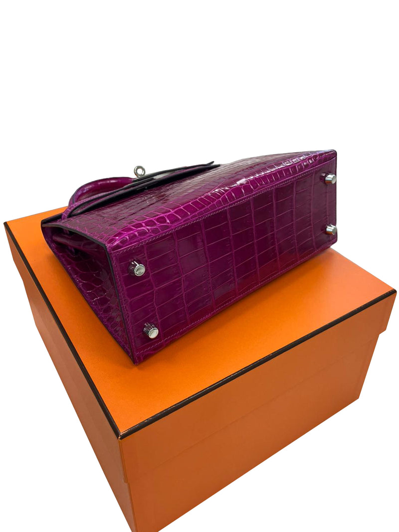 Hermes Kelly Sellier 25 Rose Pourpre Shiny Niloticus Crocodile Palladium
