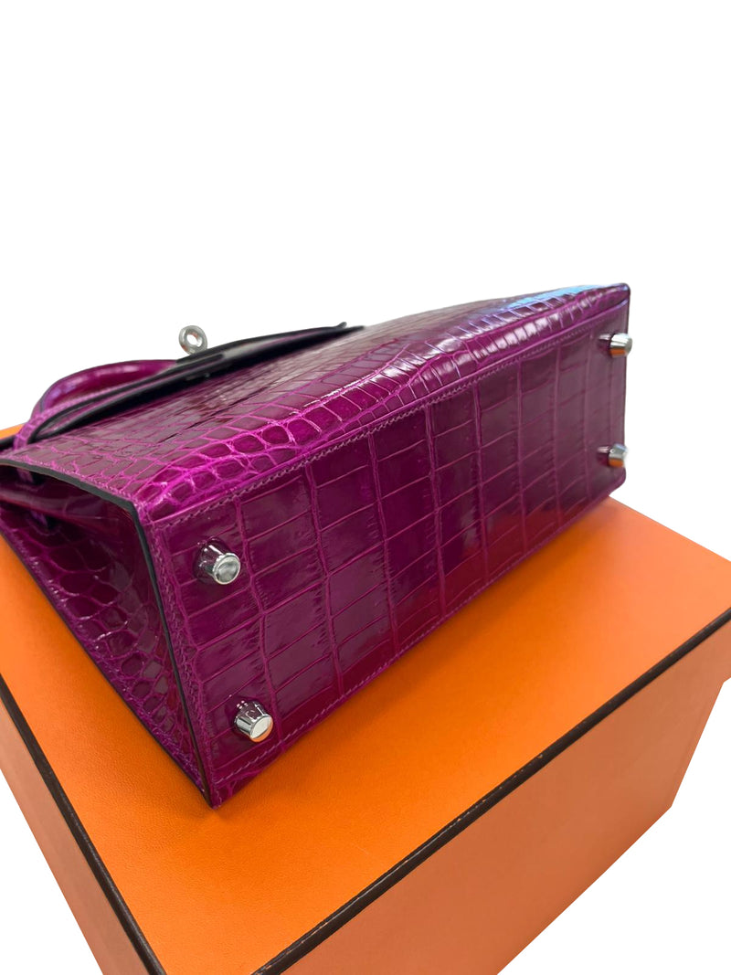Hermes Kelly Sellier 25 Rose Pourpre Shiny Niloticus Crocodile Palladium