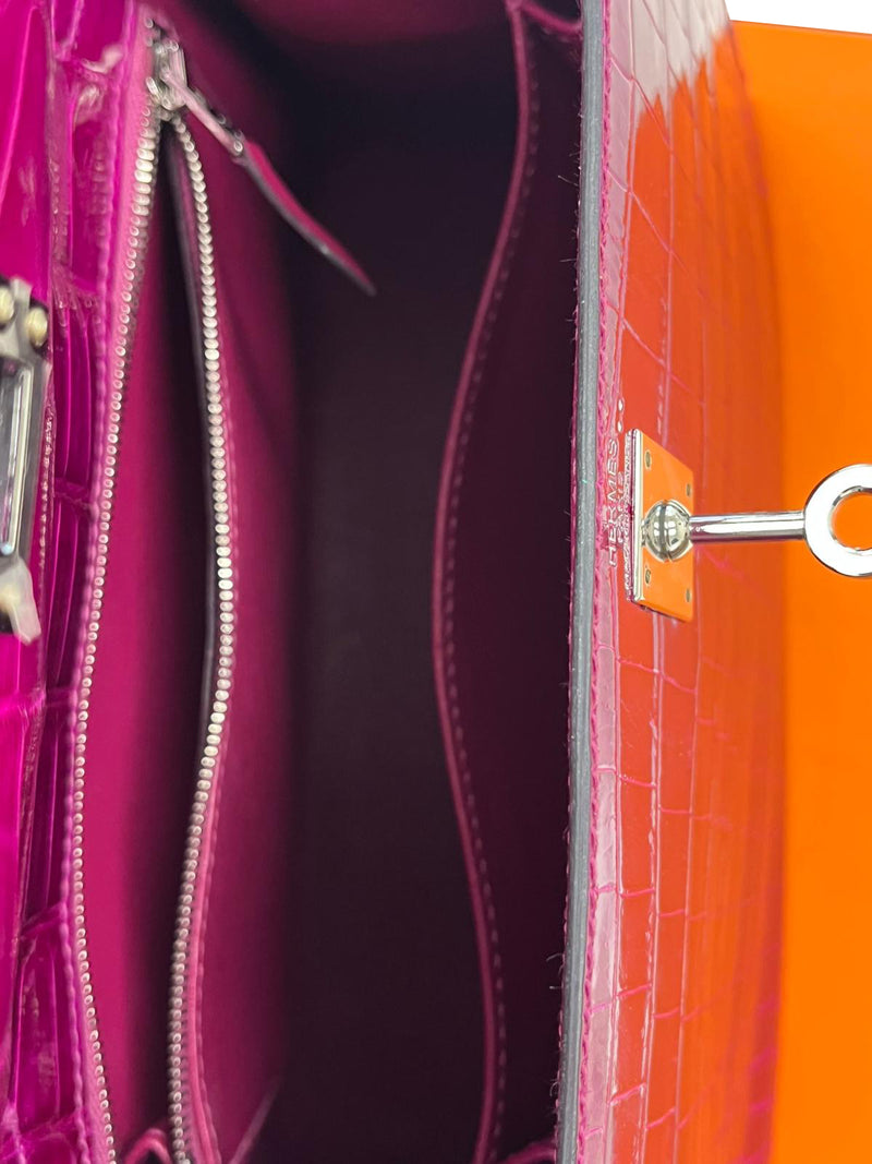Hermes Kelly Sellier 25 Rose Pourpre Shiny Niloticus Crocodile Palladium