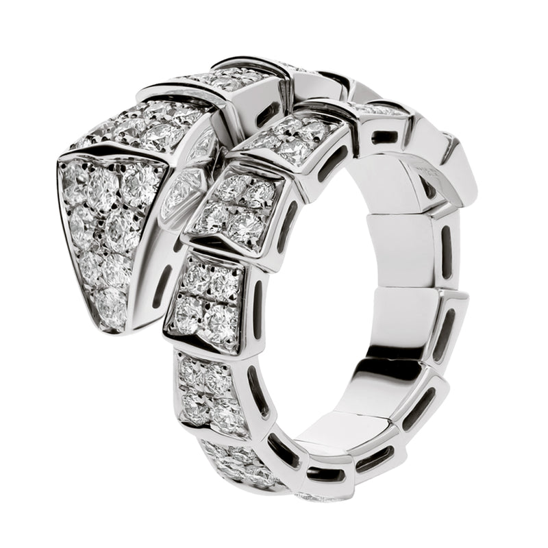 Bulgari Serpenti Viper One-Coil Full Pave Diamonds Snake Ring 18k White Gold