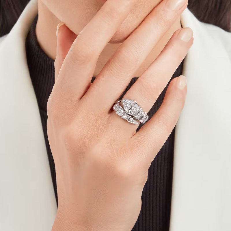 Bulgari Serpenti Viper One-Coil Full Pave Diamonds Snake Ring 18k White Gold