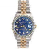 Rolex Oyster Perpetual Date Two-Tone Blue Diamond Dial Bezel Men's Watch 15003