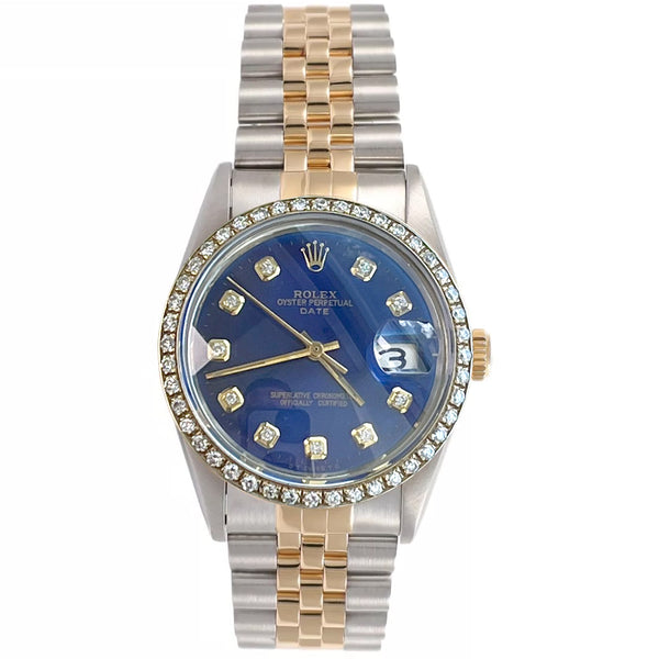 Rolex Oyster Perpetual Date Two-Tone Blue Diamond Dial Bezel Men's Watch 15003