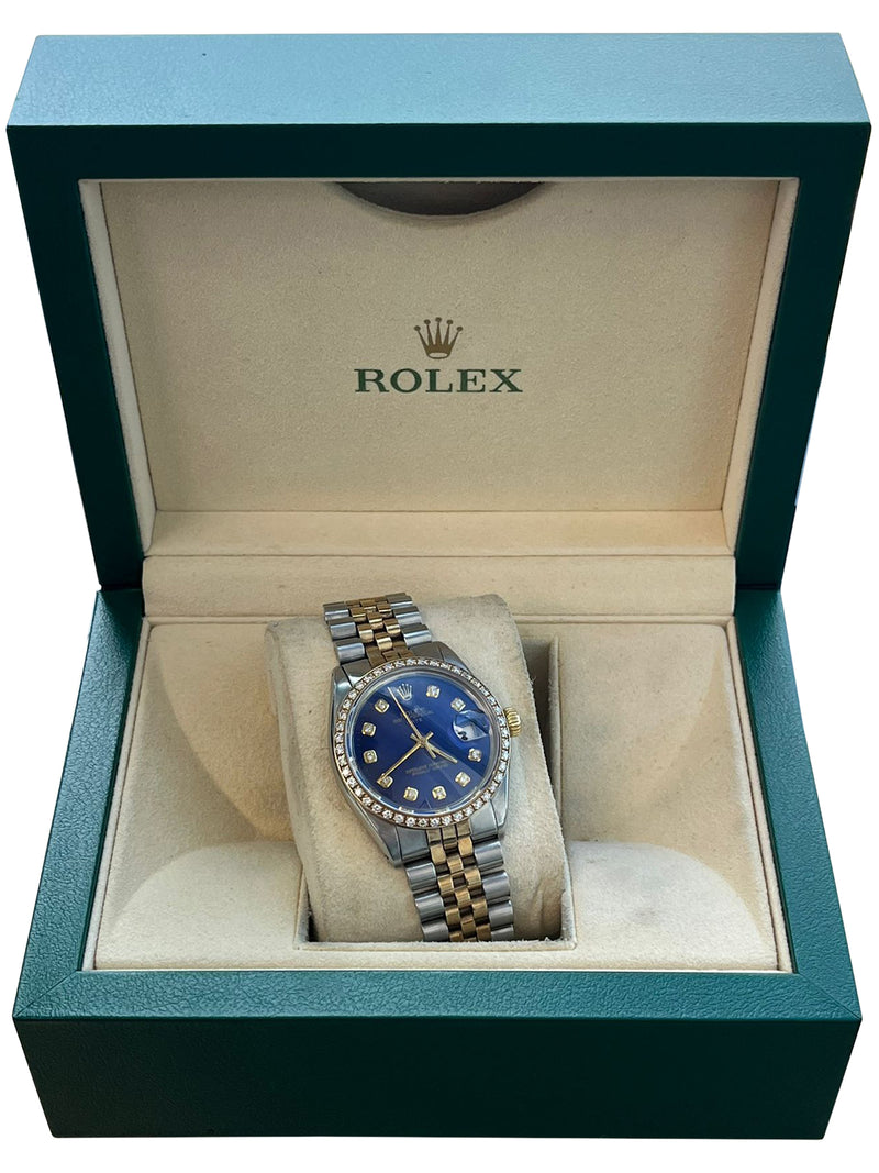 Rolex Oyster Perpetual Date Two-Tone Blue Diamond Dial Bezel Men's Watch 15003