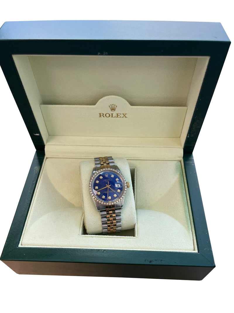 Rolex Oyster Perpetual Date Two-Tone Blue Diamond Dial Bezel Men's Watch 15003