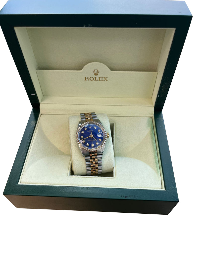 Rolex Oyster Perpetual Date Two-Tone Blue Diamond Dial Bezel Men's Watch 15003