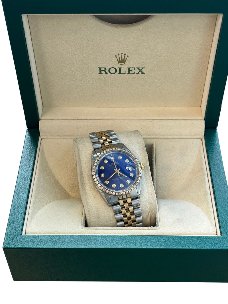 Rolex Oyster Perpetual Date Two-Tone Blue Diamond Dial Bezel Men's Watch 15003