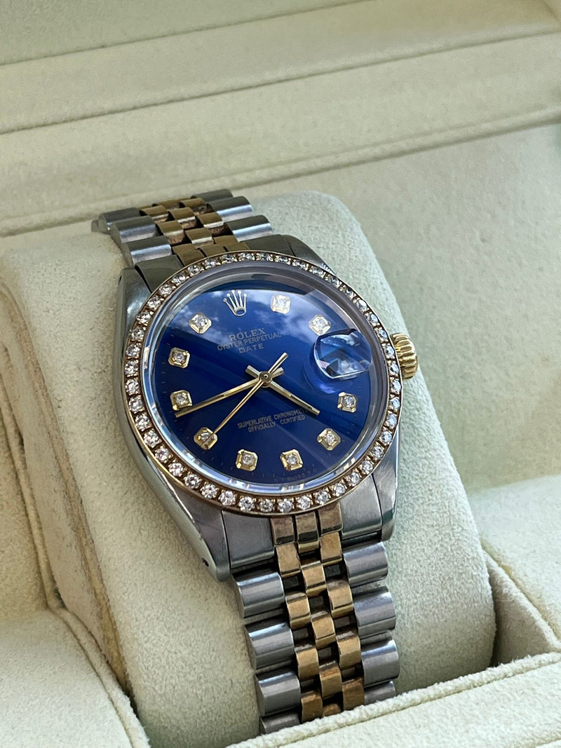 Rolex Oyster Perpetual Date Two-Tone Blue Diamond Dial Bezel Men's Watch 15003