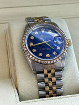 Rolex Oyster Perpetual Date Two-Tone Blue Diamond Dial Bezel Men's Watch 15003