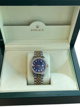 Rolex Oyster Perpetual Date Two-Tone Blue Diamond Dial Bezel Men's Watch 15003