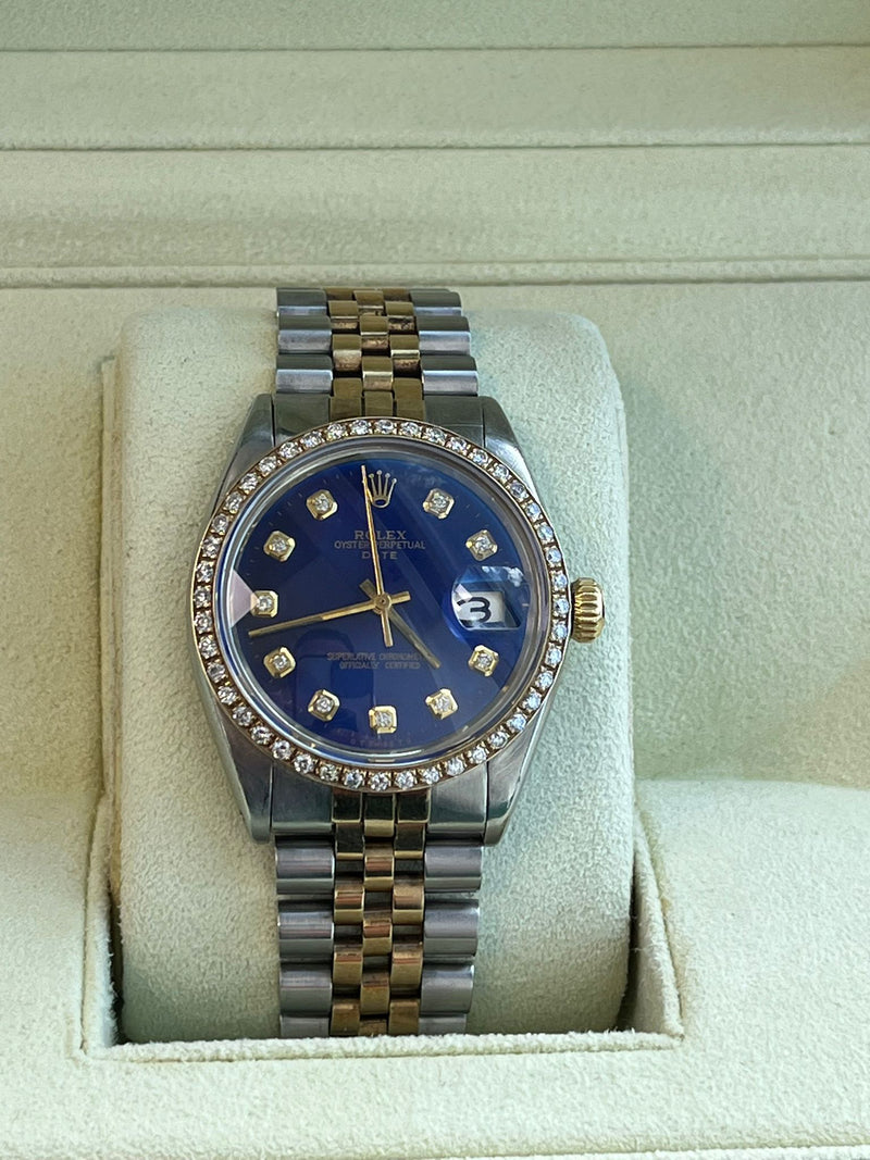 Rolex Oyster Perpetual Date Two-Tone Blue Diamond Dial Bezel Men's Watch 15003