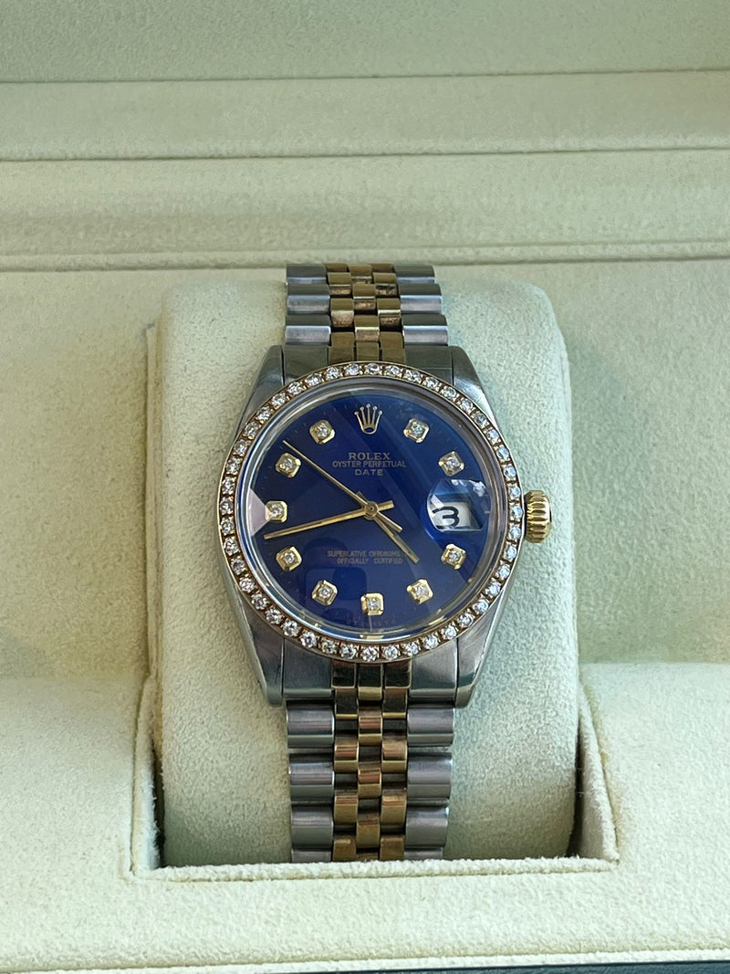Rolex Oyster Perpetual Date Two-Tone Blue Diamond Dial Bezel Men's Watch 15003