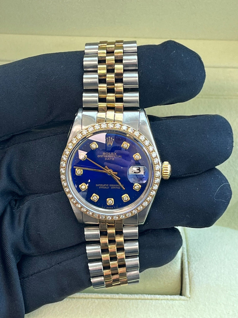 Rolex Oyster Perpetual Date Two-Tone Blue Diamond Dial Bezel Men's Watch 15003