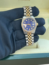 Rolex Oyster Perpetual Date Two-Tone Blue Diamond Dial Bezel Men's Watch 15003