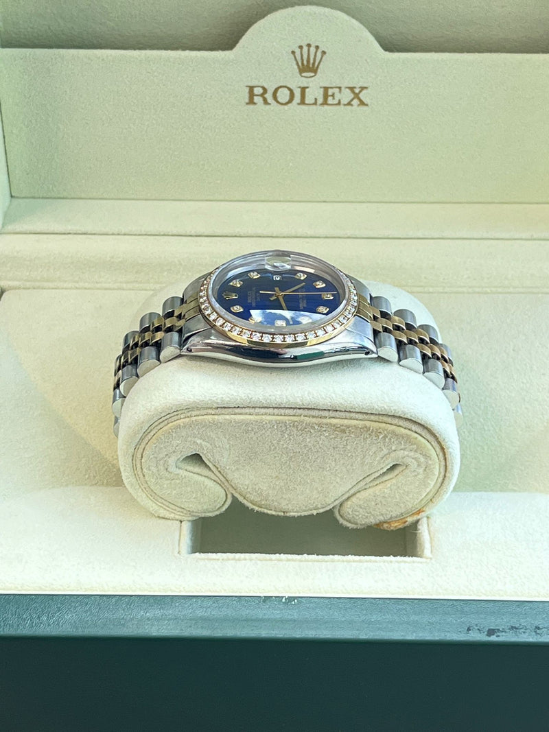 Rolex Oyster Perpetual Date Two-Tone Blue Diamond Dial Bezel Men's Watch 15003