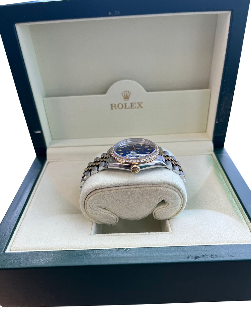 Rolex Oyster Perpetual Date Two-Tone Blue Diamond Dial Bezel Men's Watch 15003