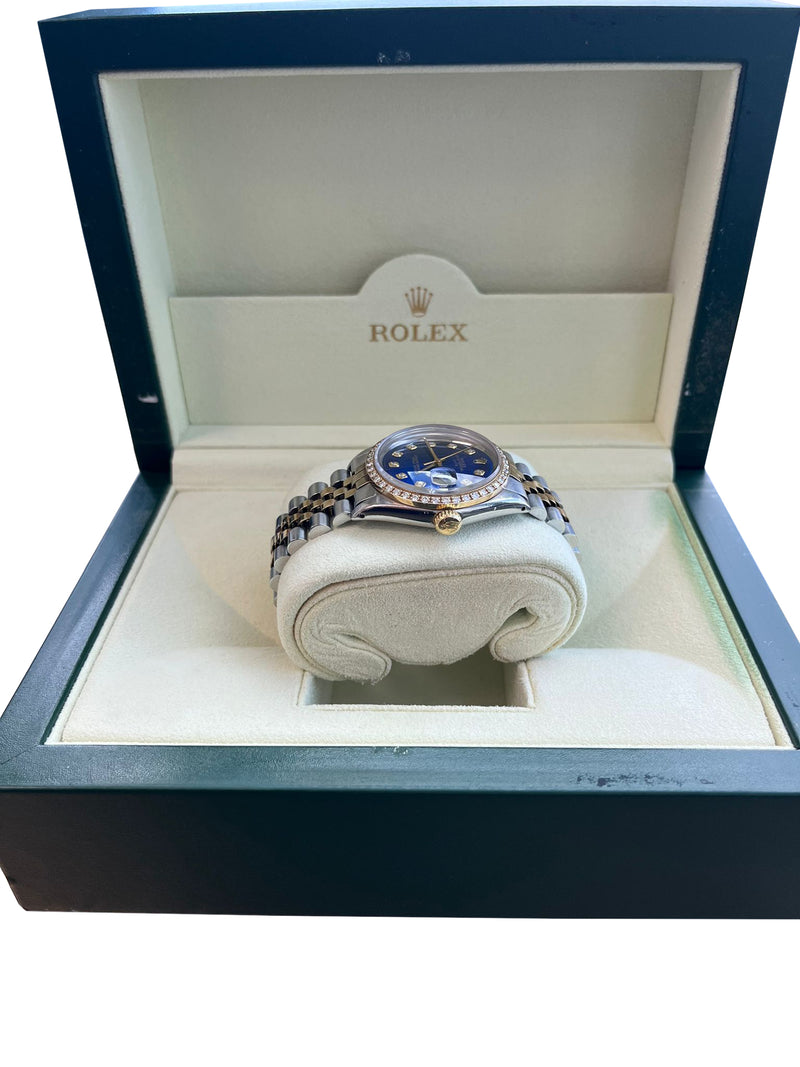 Rolex Oyster Perpetual Date Two-Tone Blue Diamond Dial Bezel Men's Watch 15003