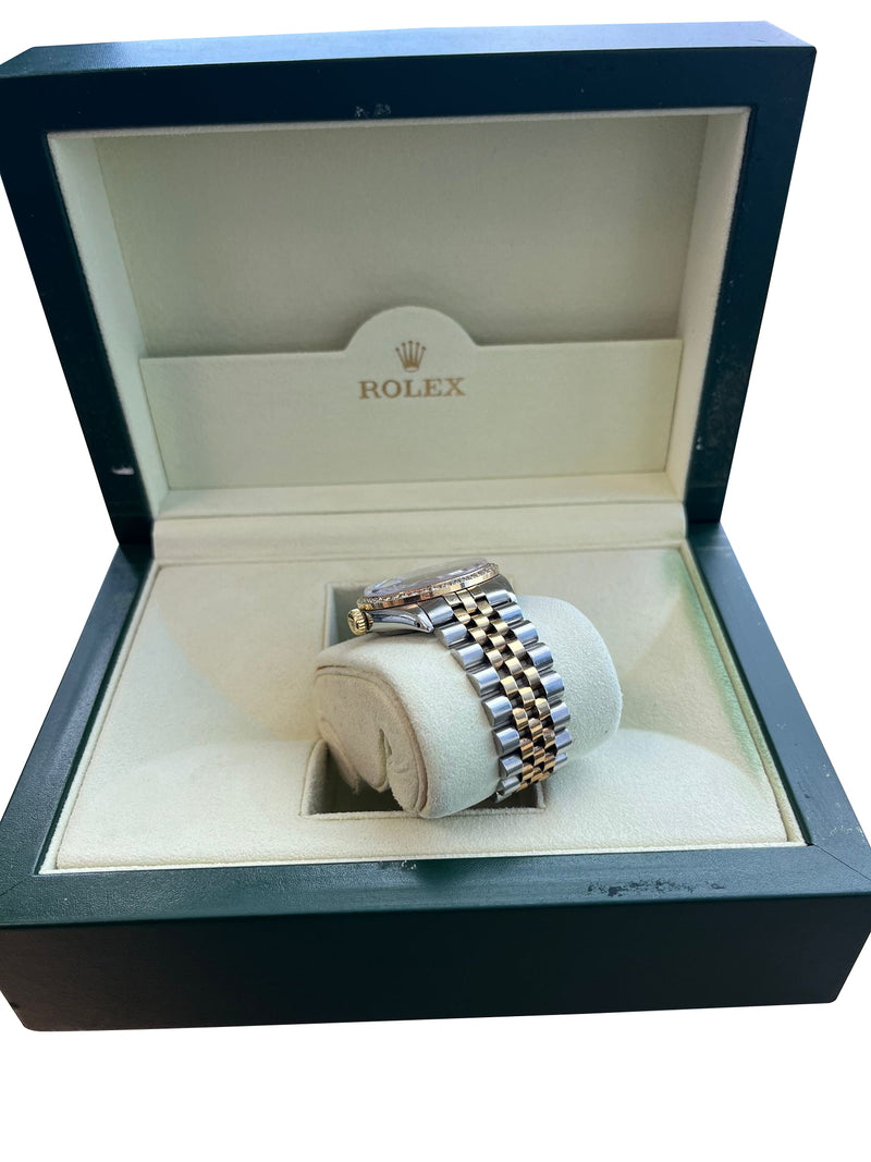 Rolex Oyster Perpetual Date Two-Tone Blue Diamond Dial Bezel Men's Watch 15003