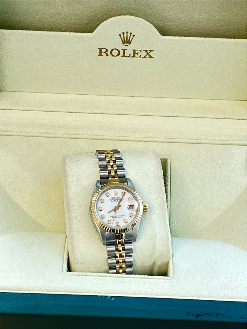 Rolex Lady-Datejust 18K Yellow Gold & Steel White Diamond Dial Watch 69173