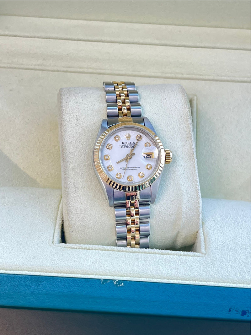 Rolex Lady-Datejust 18K Yellow Gold & Steel White Diamond Dial Watch 69173