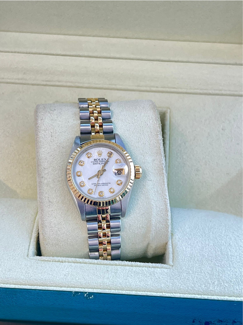 Rolex Lady-Datejust 18K Yellow Gold & Steel White Diamond Dial Watch 69173