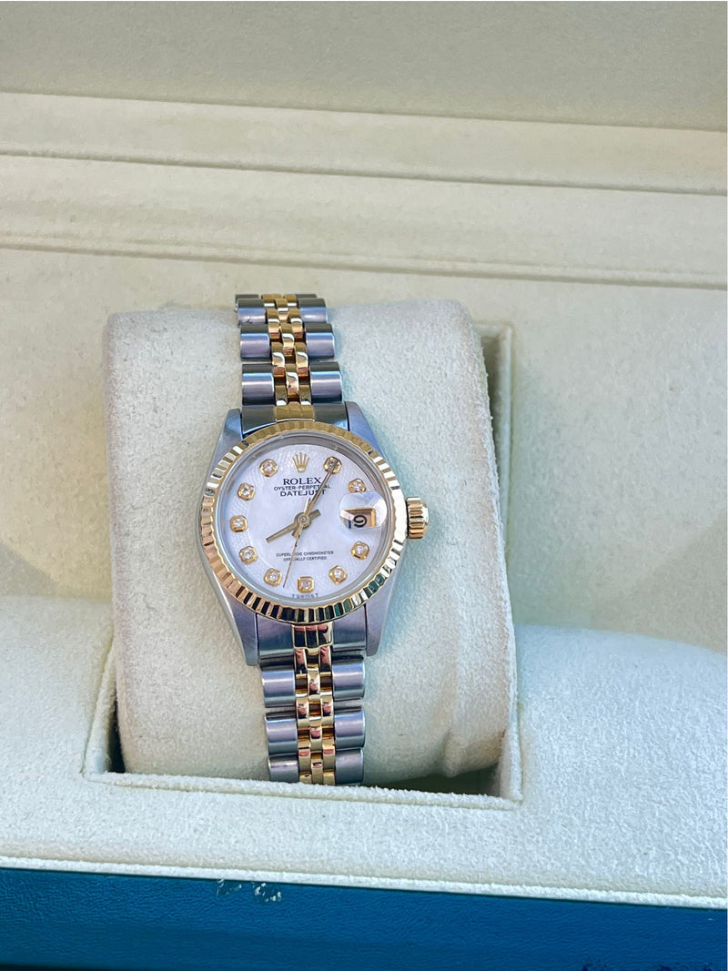 Rolex Lady-Datejust 18K Yellow Gold & Steel White Diamond Dial Watch 69173