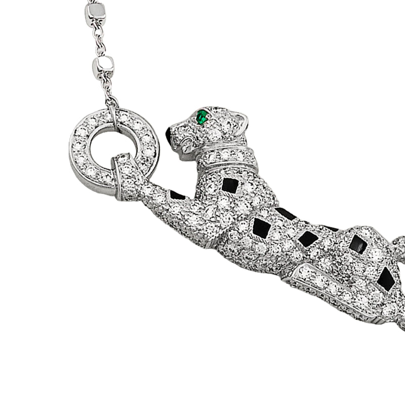 Cartier Panthere De Cartier Emeralds 0.73ct Pave Diamond Necklace 18k White Gold