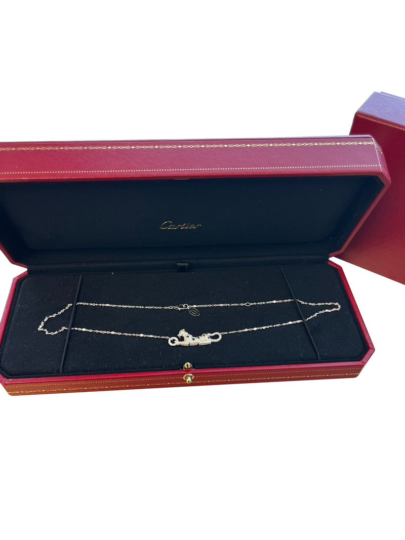 Cartier Panthere De Cartier Emeralds 0.73ct Pave Diamond Necklace 18k White Gold