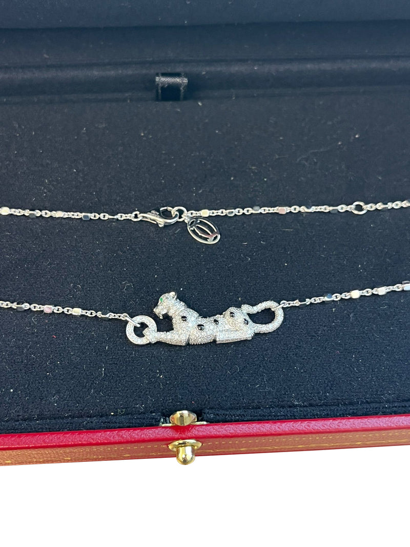 Cartier Panthere De Cartier Emeralds 0.73ct Pave Diamond Necklace 18k White Gold