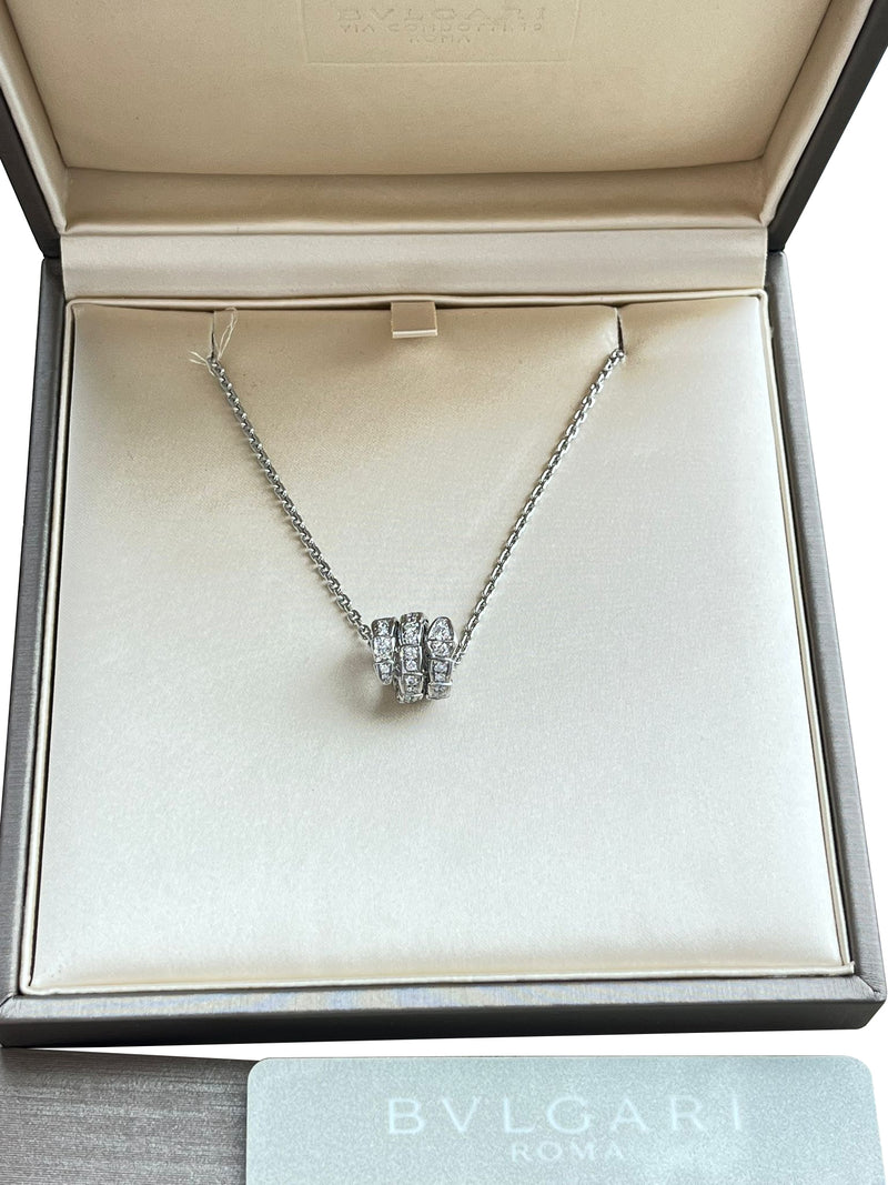 Bulgari Serpenti Viper Necklace 18K White Gold 0.63ct Full Pave Diamond Pendant