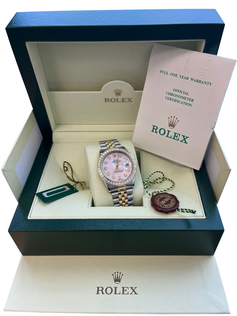 Rolex Datejust 36mm Mother Of Pearl Diamond Dial Bezel Gold Steel Watch 16233