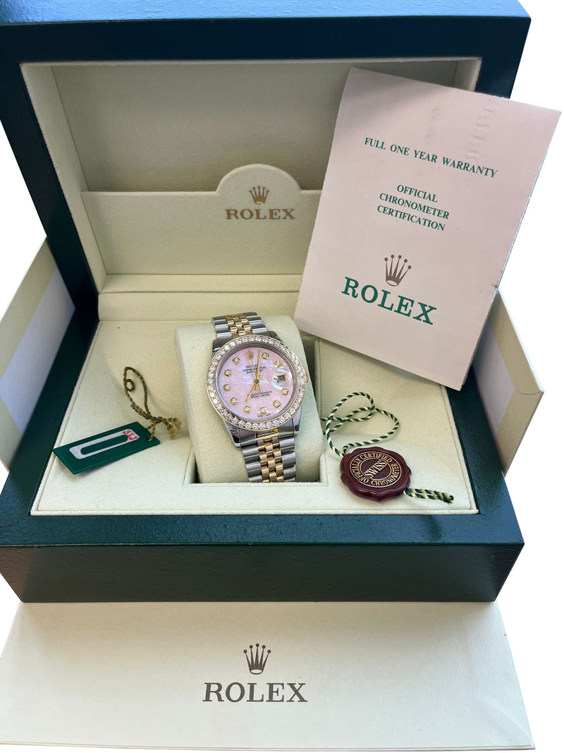Rolex Datejust 36mm Mother Of Pearl Diamond Dial Bezel Gold Steel Watch 16233