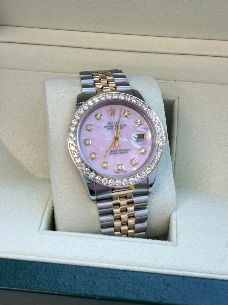 Rolex Datejust 36mm Mother Of Pearl Diamond Dial Bezel Gold Steel Watch 16233