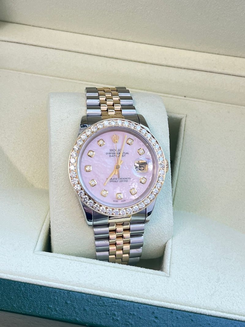 Rolex Datejust 36mm Mother Of Pearl Diamond Dial Bezel Gold Steel Watch 16233