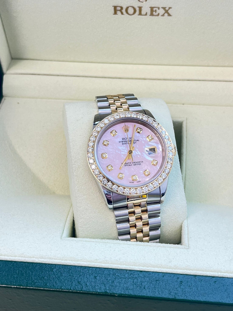 Rolex Datejust 36mm Mother Of Pearl Diamond Dial Bezel Gold Steel Watch 16233