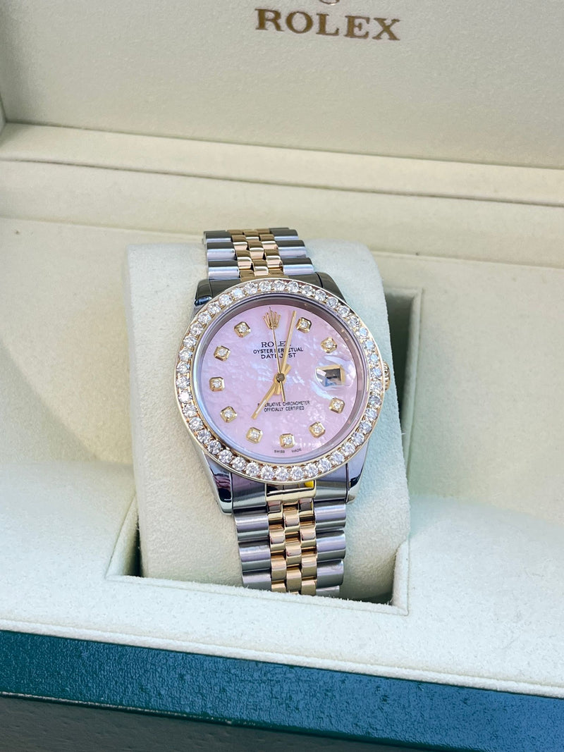 Rolex Datejust 36mm Mother Of Pearl Diamond Dial Bezel Gold Steel Watch 16233