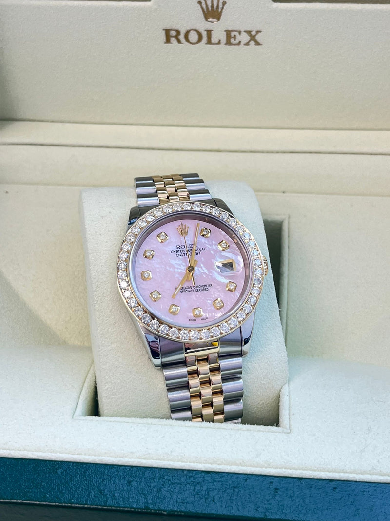 Rolex Datejust 36mm Mother Of Pearl Diamond Dial Bezel Gold Steel Watch 16233