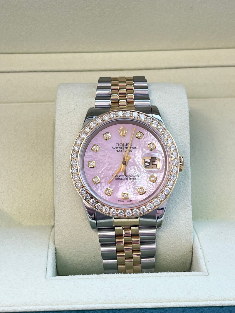 Rolex Datejust 36mm Mother Of Pearl Diamond Dial Bezel Gold Steel Watch 16233