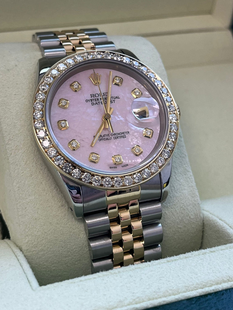 Rolex Datejust 36mm Mother Of Pearl Diamond Dial Bezel Gold Steel Watch 16233