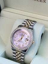 Rolex Datejust 36mm Mother Of Pearl Diamond Dial Bezel Gold Steel Watch 16233
