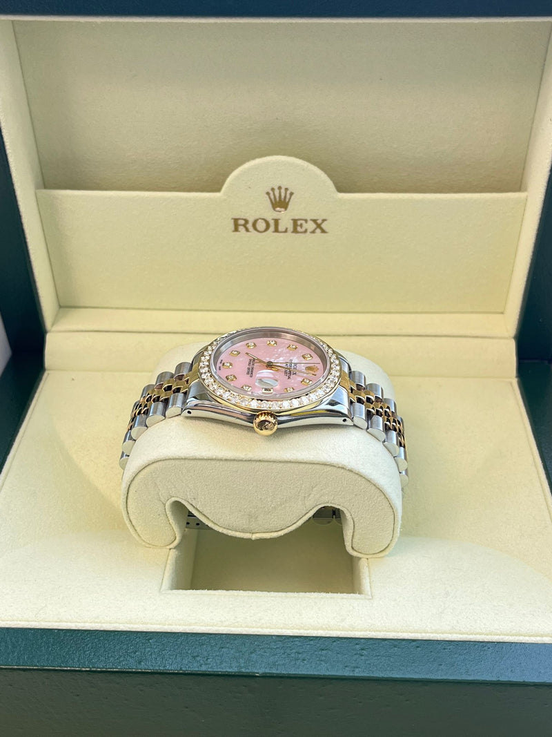 Rolex Datejust 36mm Mother Of Pearl Diamond Dial Bezel Gold Steel Watch 16233