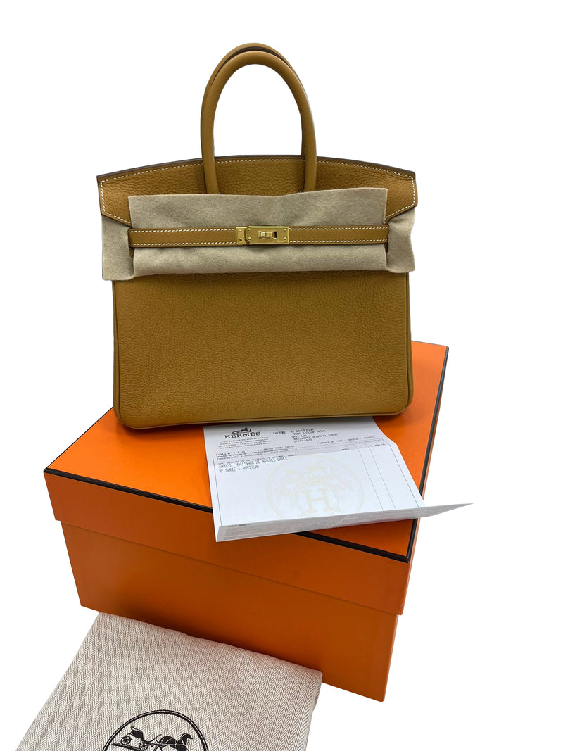Hermes Birkin 25 Natural Sable Maurice Stamp W Gold Hardware Handbag