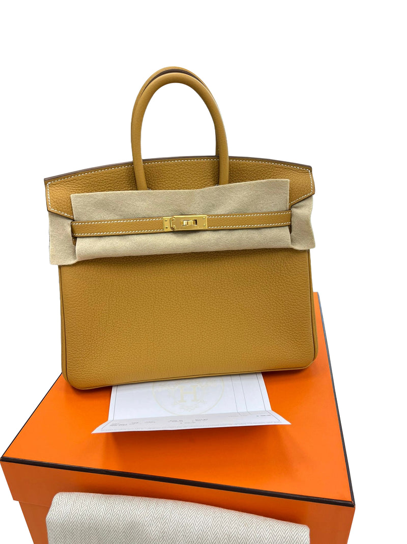Hermes Birkin 25 Natural Sable Maurice Stamp W Gold Hardware Handbag