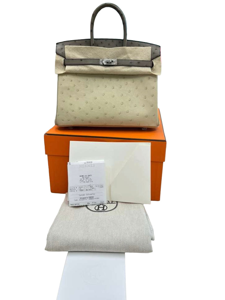 Hermes Birkin 25 Touch 3 Ostrich Calfskin Parchemin Palladium Hardware Handbag