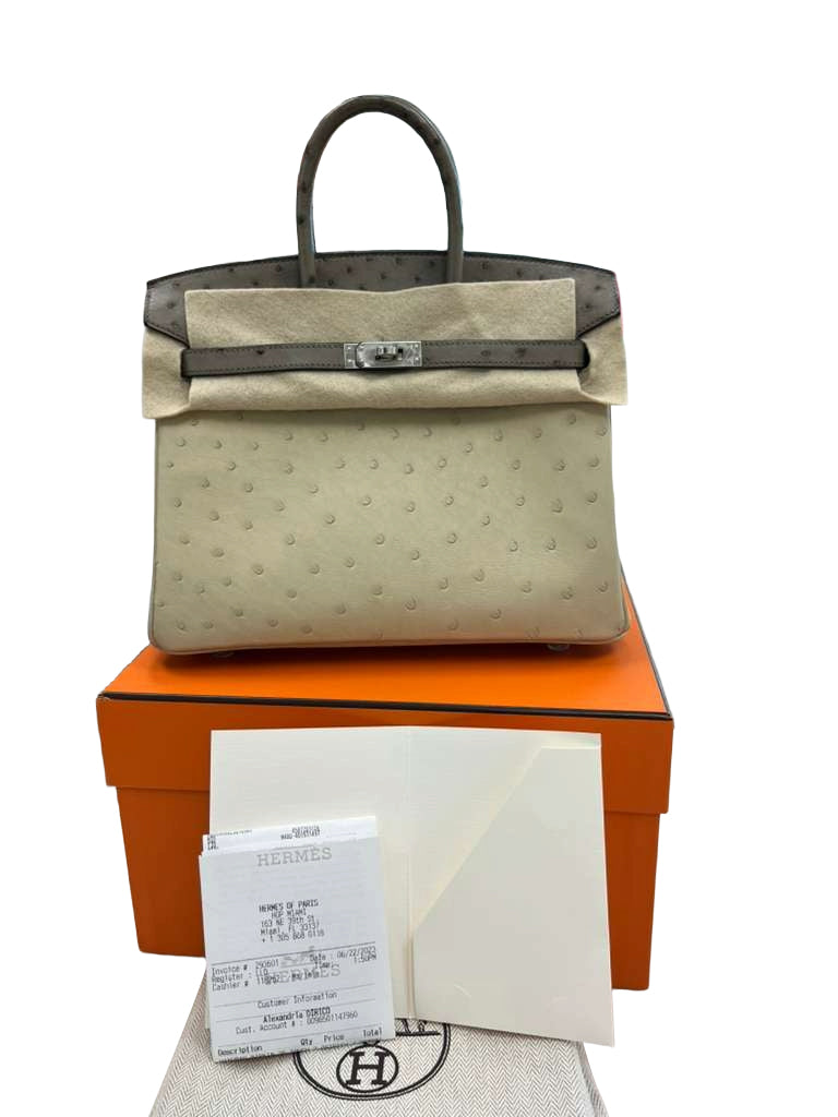 Hermes Birkin 25 Touch 3 Ostrich Calfskin Parchemin Palladium Hardware Handbag