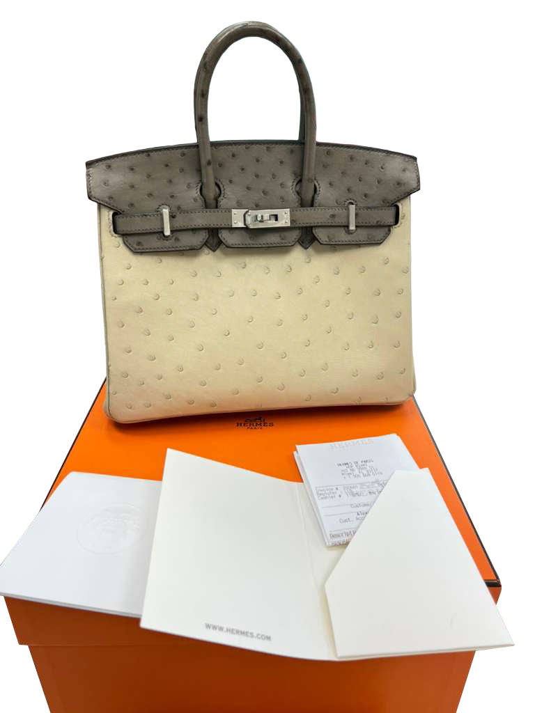Hermes Birkin 25 Touch 3 Ostrich Calfskin Parchemin Palladium Hardware Handbag