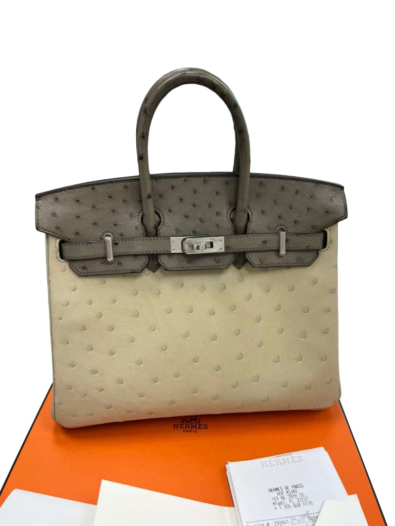 Hermes Birkin 25 Touch 3 Ostrich Calfskin Parchemin Palladium Hardware Handbag